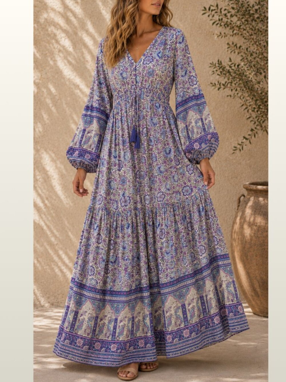 Few Moda Purple Blue Floral Empire Maxi Dress M Spell-Inspired Boho Festival EUC